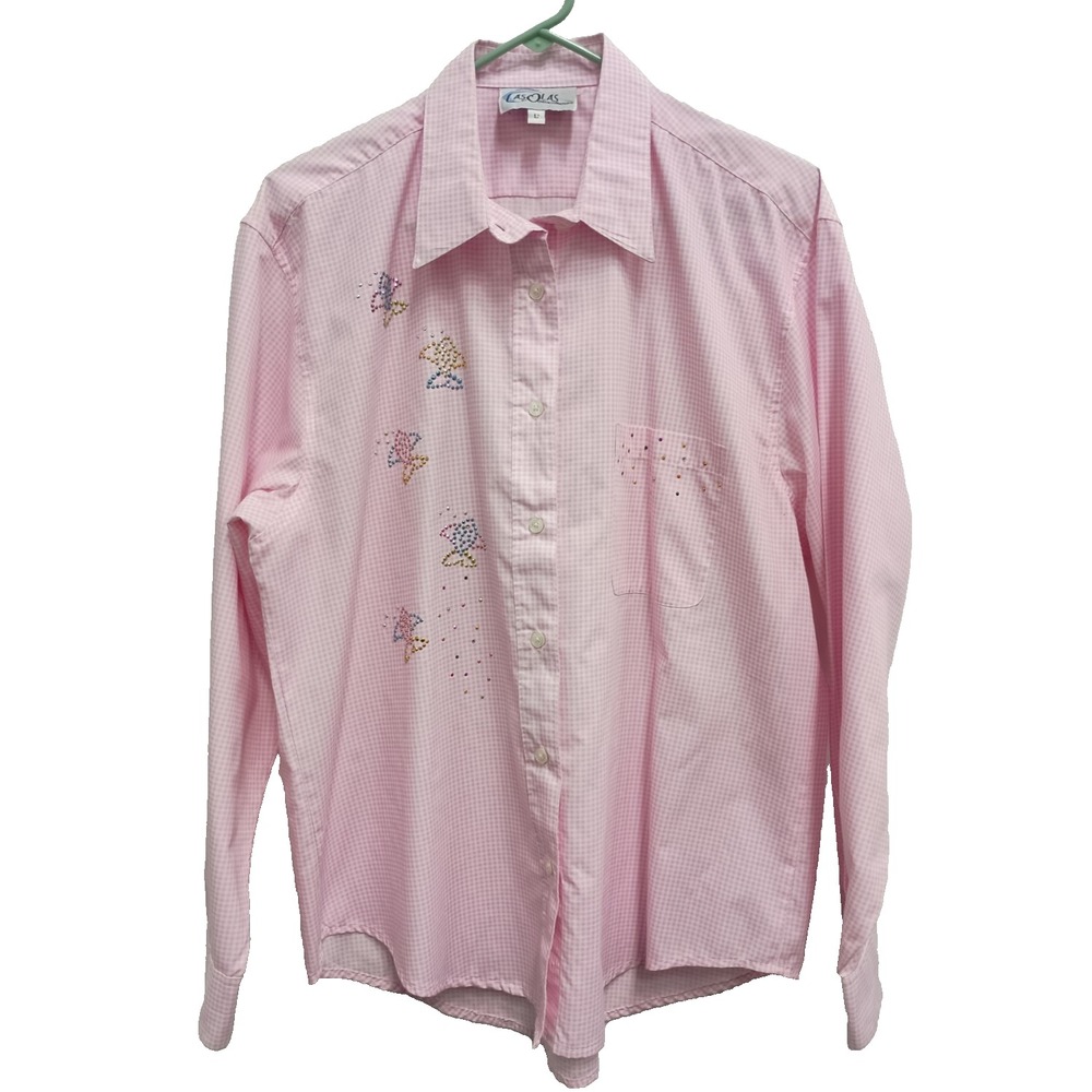 Las Olas Wearable Art Shirt Womens Large Pink Embellished Fish Long Sleeve